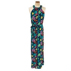 Tucker 100% Silk Maxi Casa Floral Dress Sleeveless Belt Smocked Neck Size L NEW